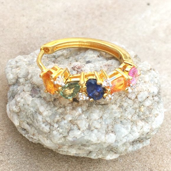 Rainbow Sapphire Gold Vermeil Hoop Earrings Genuine Gemstones Blue Pink Orange - Picture 6 of 16